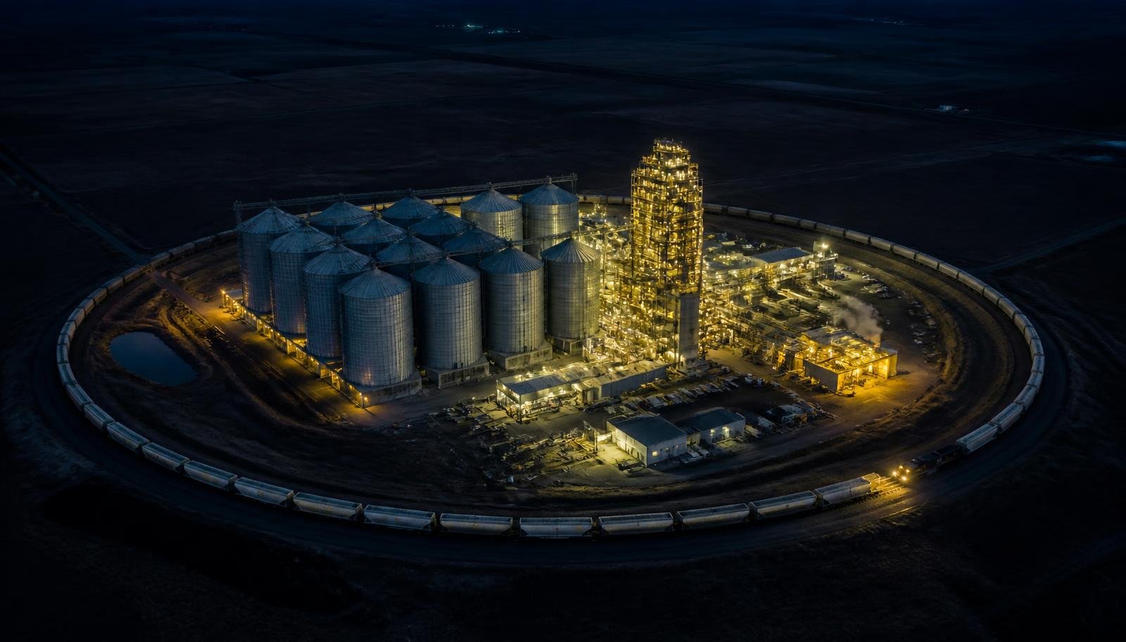 Aerial night view of the crush facility encircled by a 100-car rail loop